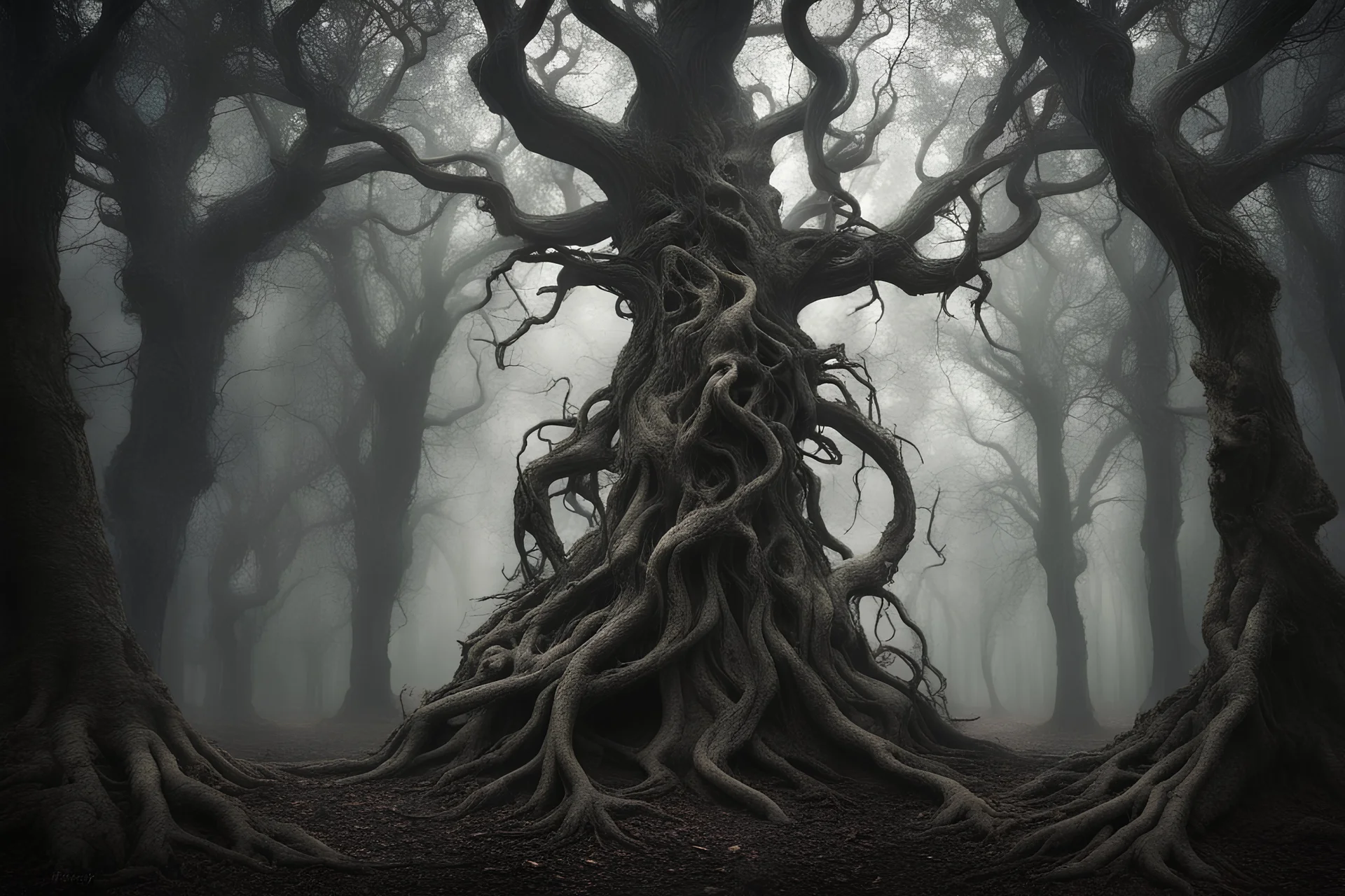 A grotesque bewitching resonating resider, its twisted form exuding an eerie allure amidst a shadowy forest. The main subject is a tree-like creature with gnarled limbs and glowing vines entwined around its trunk, standing tall and formidable in the midst of ancient woods. The image is a detailed and haunting photograph, capturing every intricate feature with a clarity that is almost unsettling. The creature's bark-like skin is adorned with pulsating bioluminescent patterns, casting an otherworl