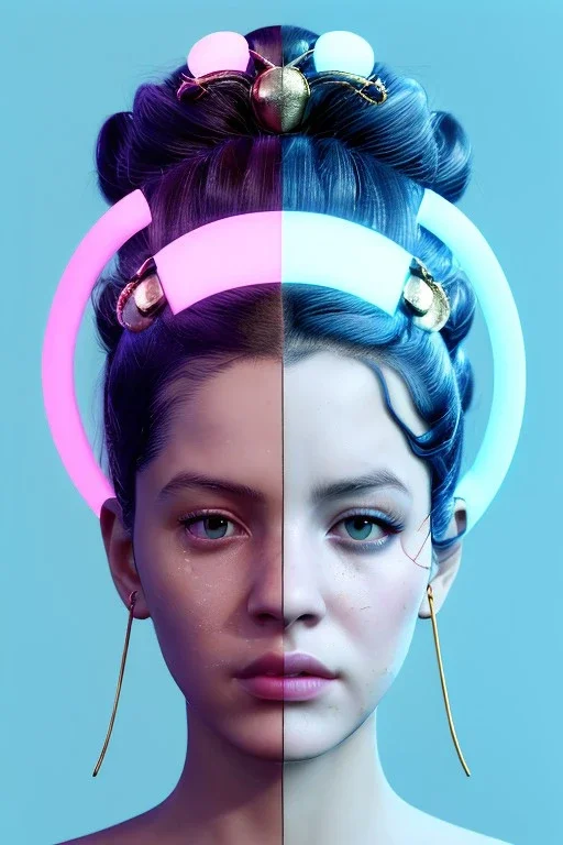 Ultra Realistic image, Rosalía artist, waist up portrait, black eye line, sweet angry face, geisha hair style, spray line make up, geometric, gold, big rings piercing, led ornament, bubble latex coat, cold, led lights, pop style, pink, blue, gold, vibrant color, highly detailed, art stations, concept art, smooth, unreal engine 5, god rays, ray tracing, RTX, lumen lighting, ultra detail, volumetric lighting, 3d, finely drawn, high definition, high resolution.
