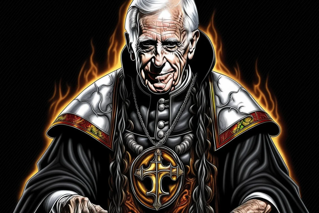 Crée une photo du pape Benoît habillé avec un t-shirt du groupe de heavy metal nommé iron maiden