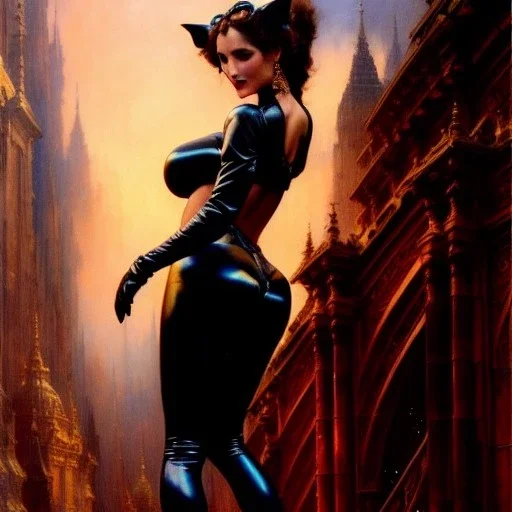 Drawing of beautiful face,'beautiful booty,Busty CAtWoman',intense stare, ancient skintight armor, balanciaga fashion clothe painting by gaston bussiere, greg rutkowski, yoji shinkawa, yoshitaka amano, tsutomu nihei, donato giancola, tim hildebrandt, Oil on canvas, cinematic composition, extreme detail,fit full head inside picture,16k