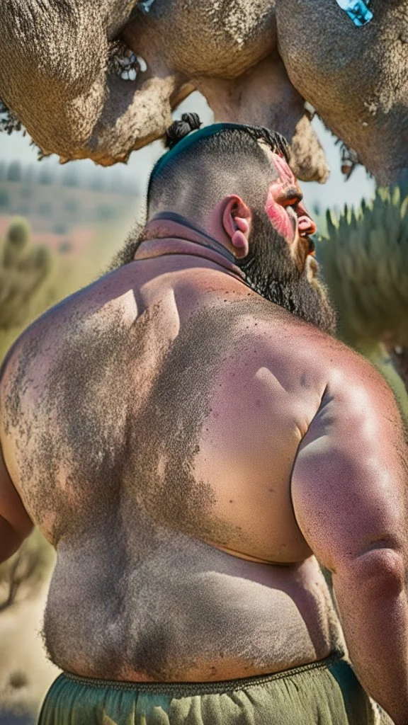 back portrait photography of a marocan ugly angry dirty burly stocky chubby farmer 31 years old, bullneck, strong arms, big belly, very sweat, long beard, very angry, angry eyes, near an olive tree , in the Italian countryside , September sun, ambient occlusion, DSLR, cinematic shot, hyper detailed photography, photorealistic, 50mm lens , strong side light, back view