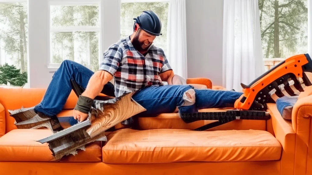 man uses chainsaw on brand new couch in living room