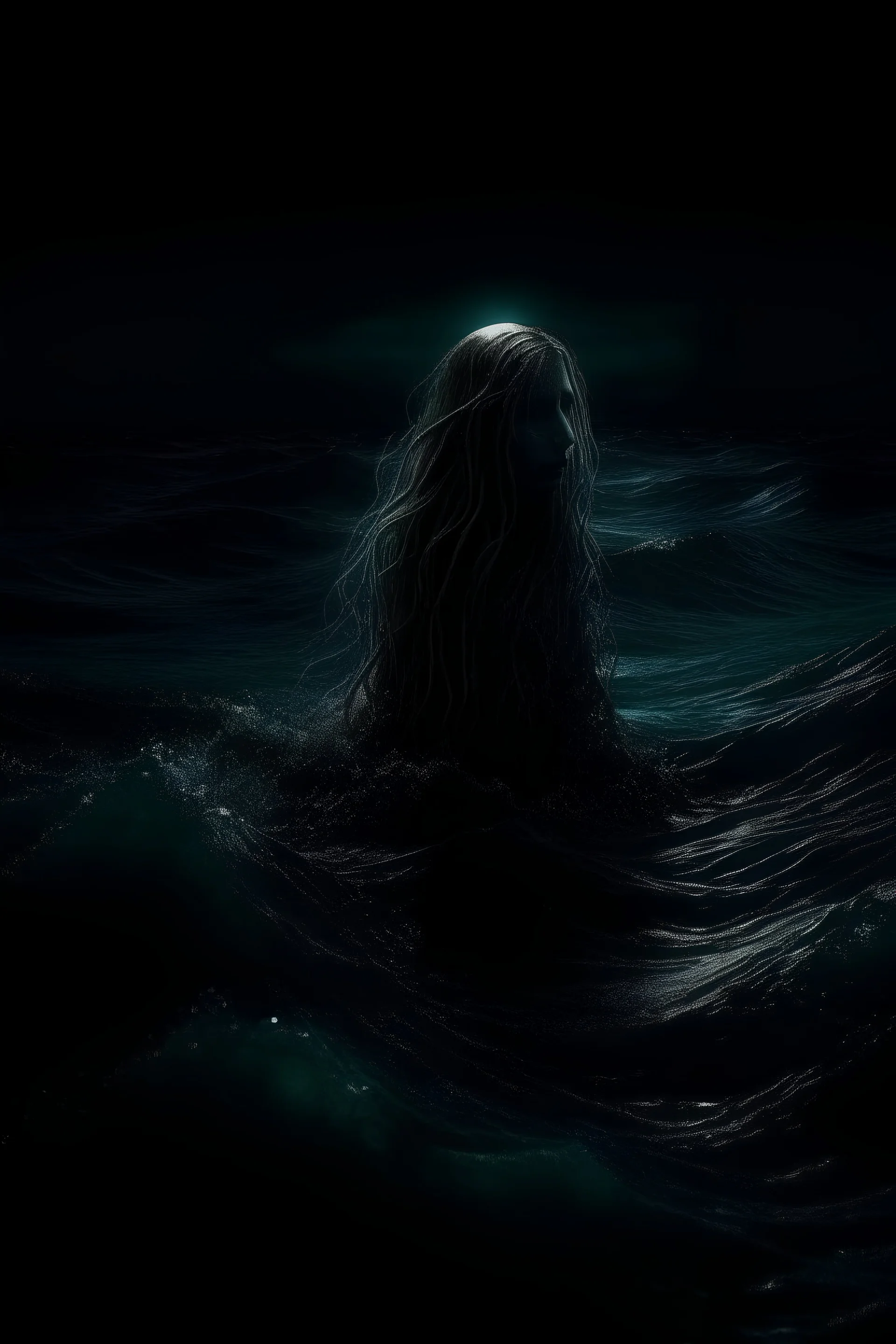 Scary siren in the dark ocean, night