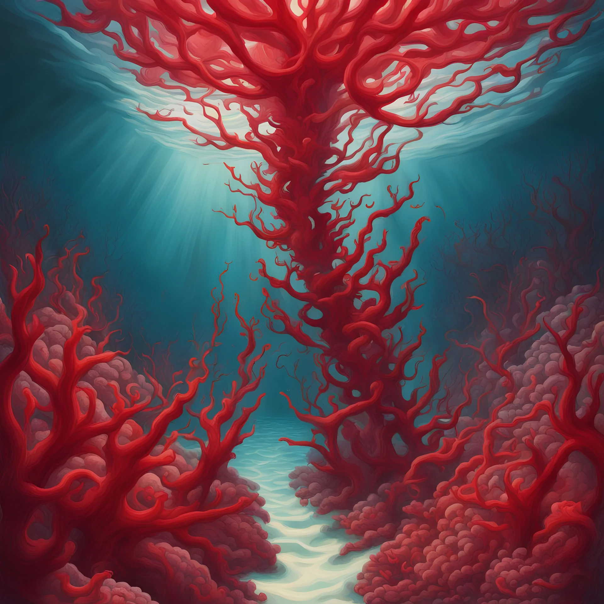 Crimson coral that reaches up and ensnares all that swim in it's path, in surrealism art style