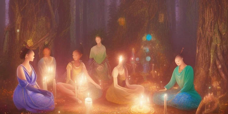 a group of african, asian, european, colourful dressed woman, sitting in a cirle, in the middle candles and crystal, meditating in a enchanted forest, fotorealistic, high quality, landscape, 17