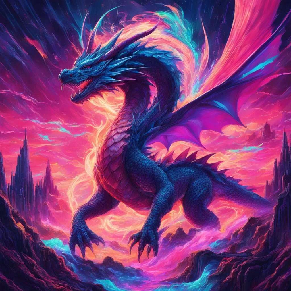 Dragon in a vibrant synthwave dreamscape, neon chaos swirling energetically around pixelated forms, a dynamic fusion of retro gaming nostalgia and futuristic abstraction