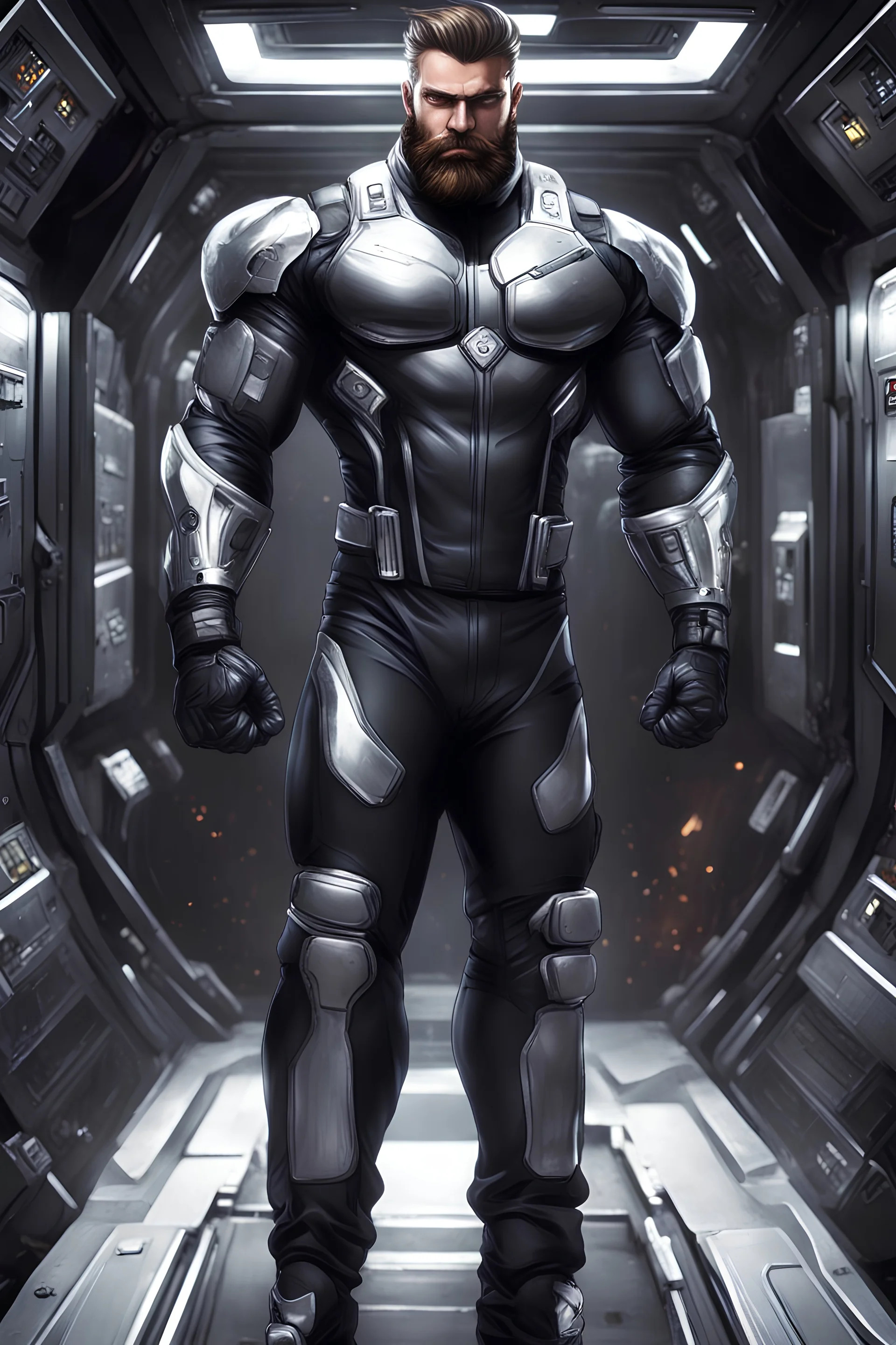 Illustrate a most muscular meaty bearded aribic hunk Bodybuilding champion alike more more more more muscle way too much muscle for the suit dressed in a sleek, (( dark metalic color body metal uniform with sliver lining on))space cop with a full body picture of him working in a spacestation，demontrate more on his part