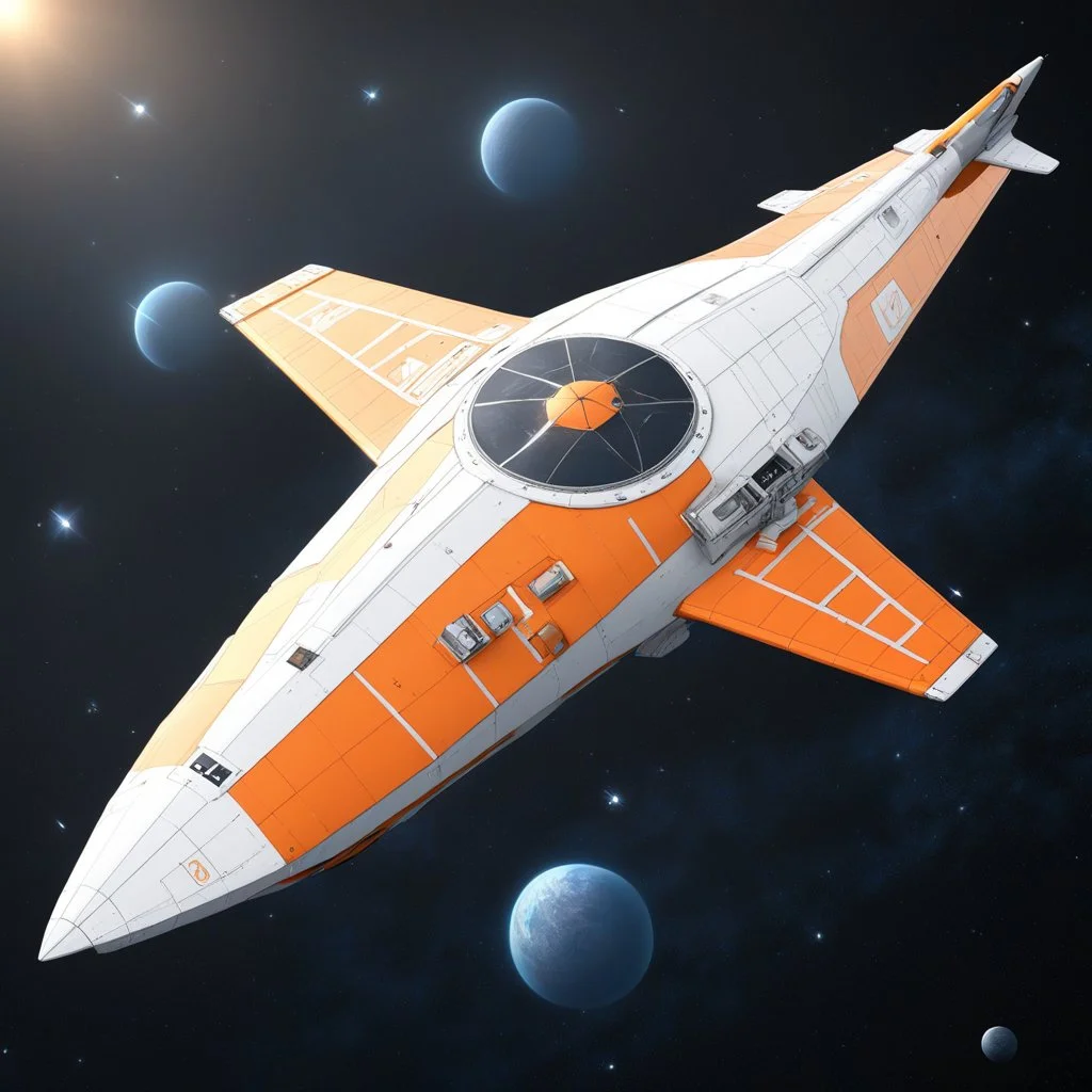 ethereal orange flat spaceship, ukiyo-e-inspired Glider class, triangular shaped, flat, with a flat propeller circle disk (non-SubD) PBR textures (base color, roughness, normal, emission) Provided in BLEND, FBX and OBJ format flying in outer space