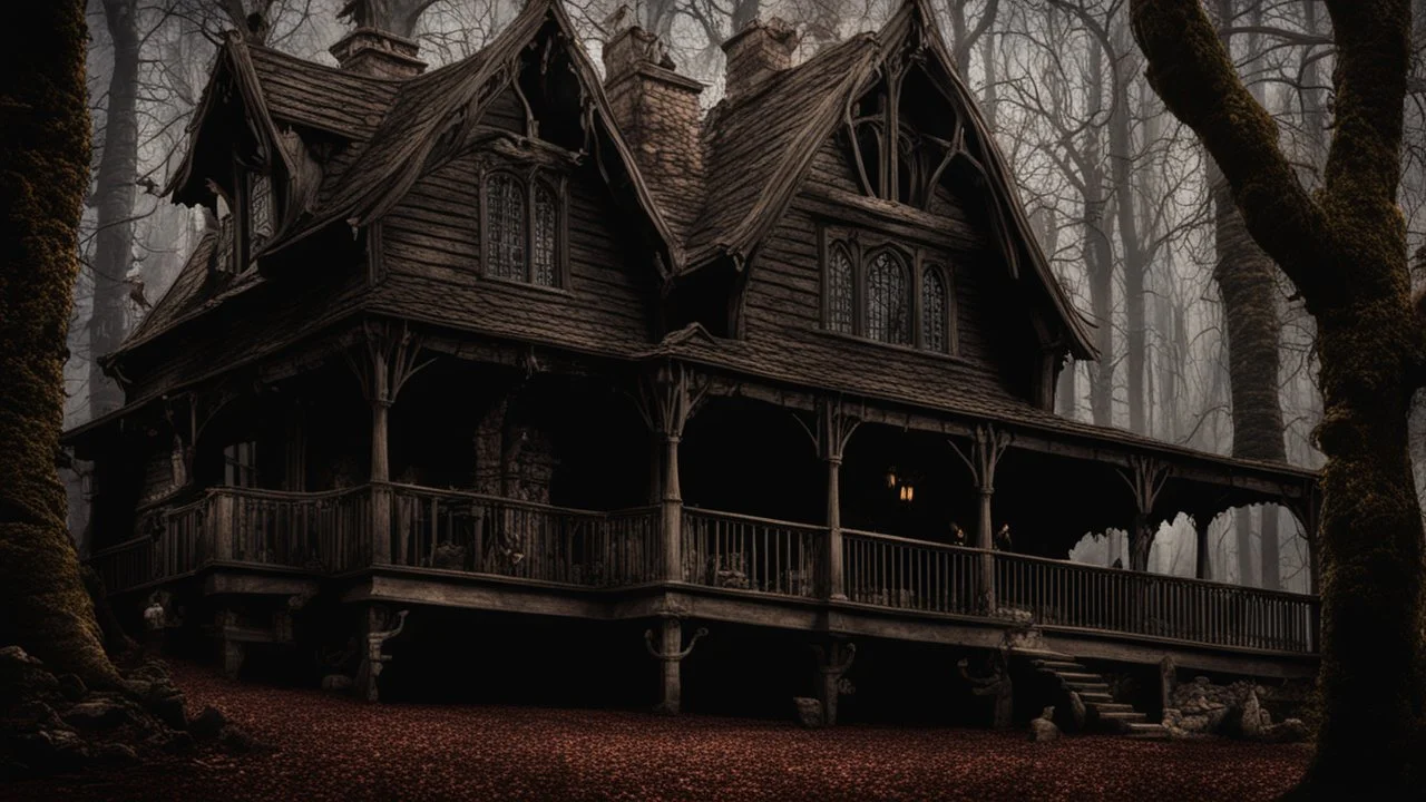 A gothic woodland house with a coven of witches dancing.