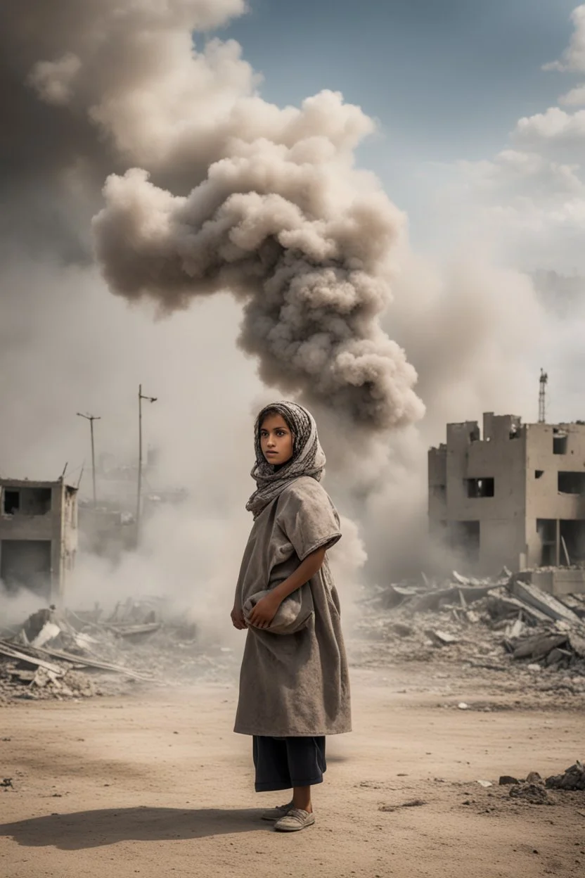 young palestinian girl with a kuffeah. Large clouds of smoke rise from the land of gaza . With demolished buildings in the background. Made in the palestinian style