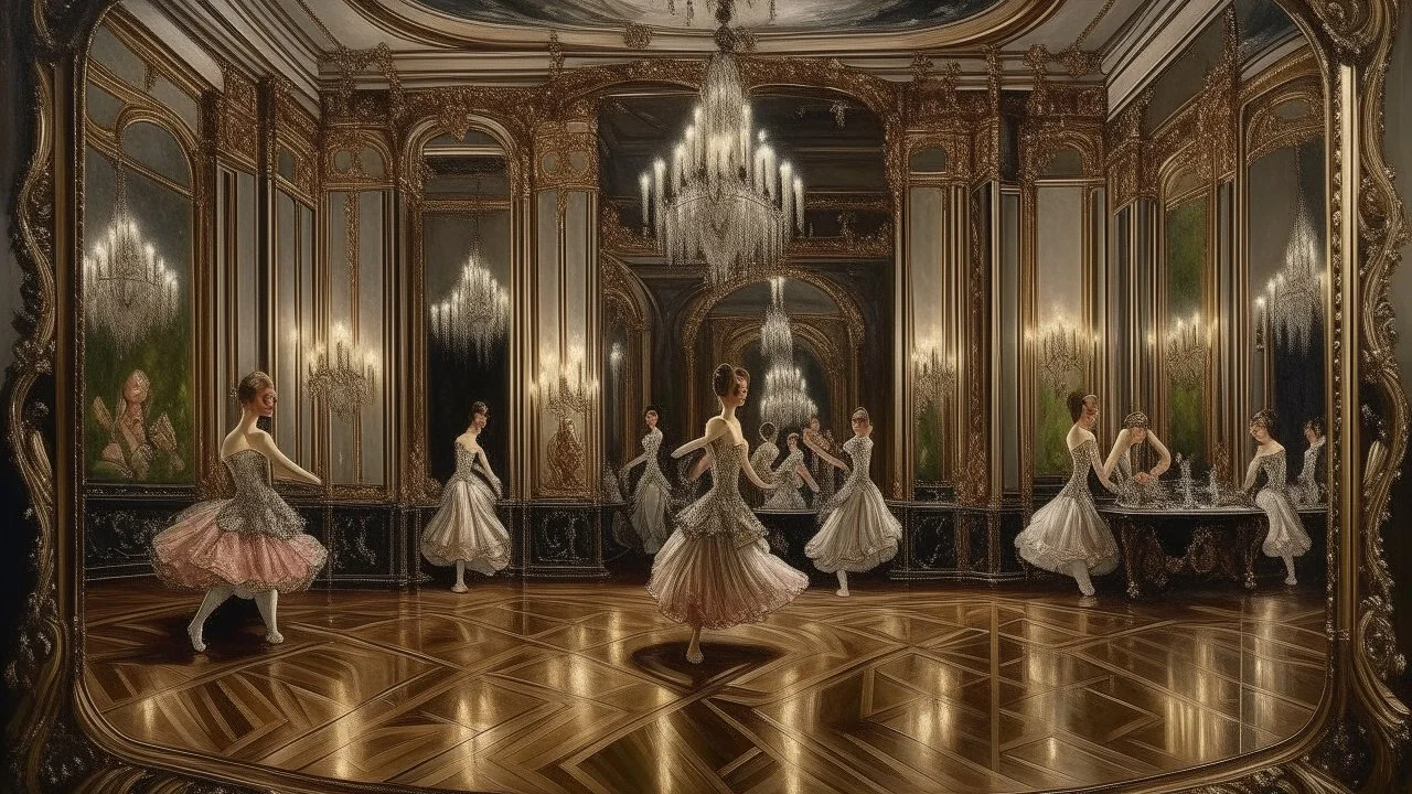 A hyper-realistic oil painting depicting a grand ballroom filled with elegant dancers in elaborate costumes, all reflected in a massive antique mirror hanging on the wall. The mirror's surface is slightly distorted, creating a dream-like quality to the scene