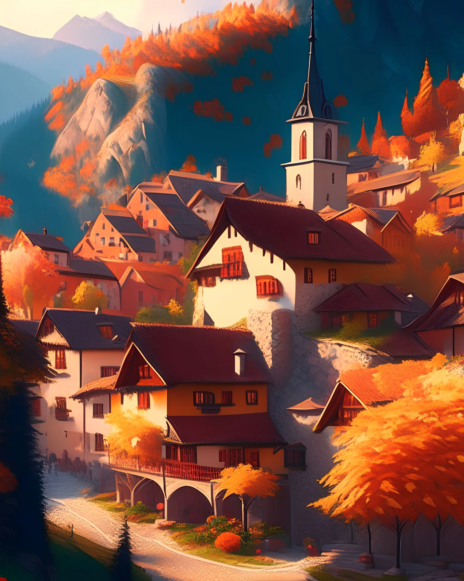 A picturesque European village nestled in the mountains during autumn, in the style of impressionist painting, warm colors, lush foliage, quaint architecture, 4K resolution