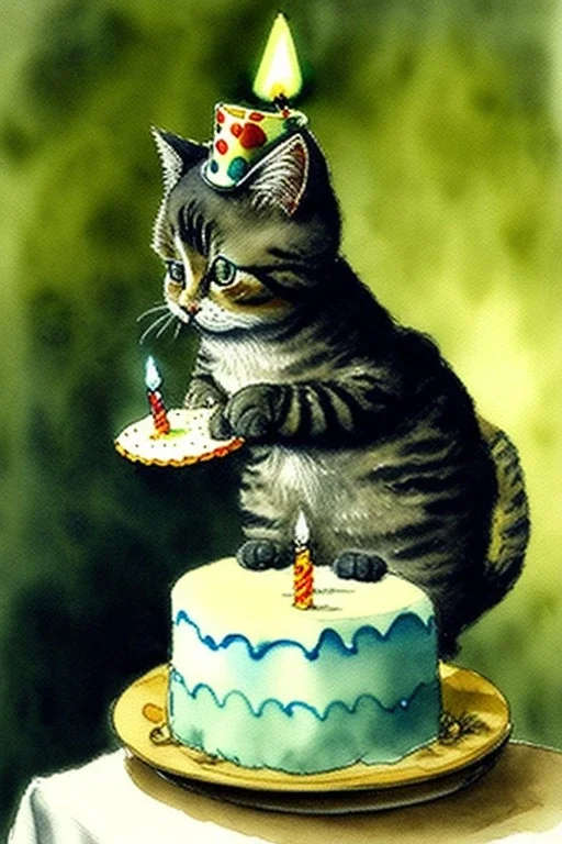 A cute cat is having a birthday cake. Watercolour