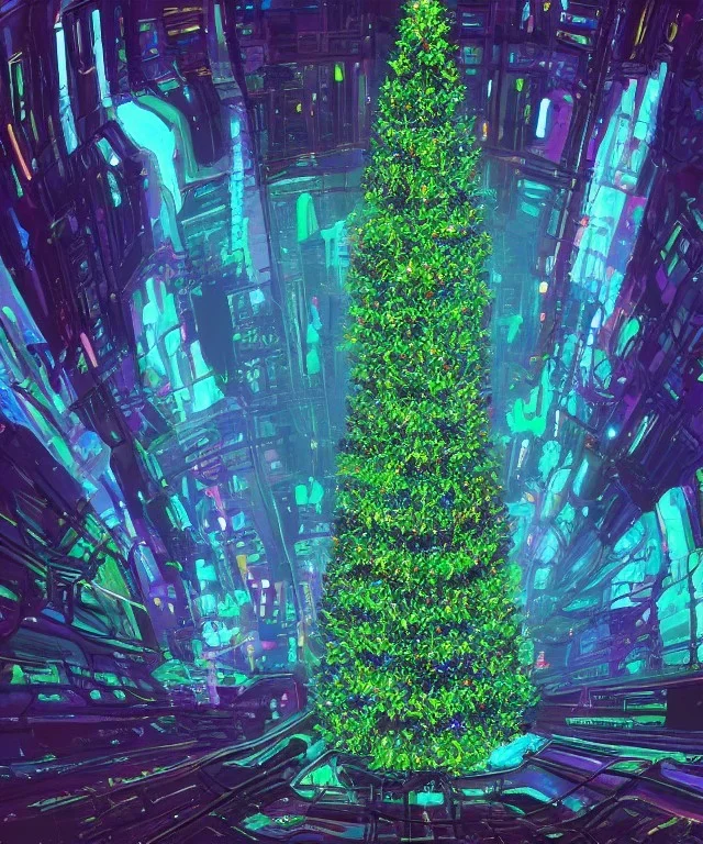 Painting of Christmas tree inside futuristic cyberpunk space ship