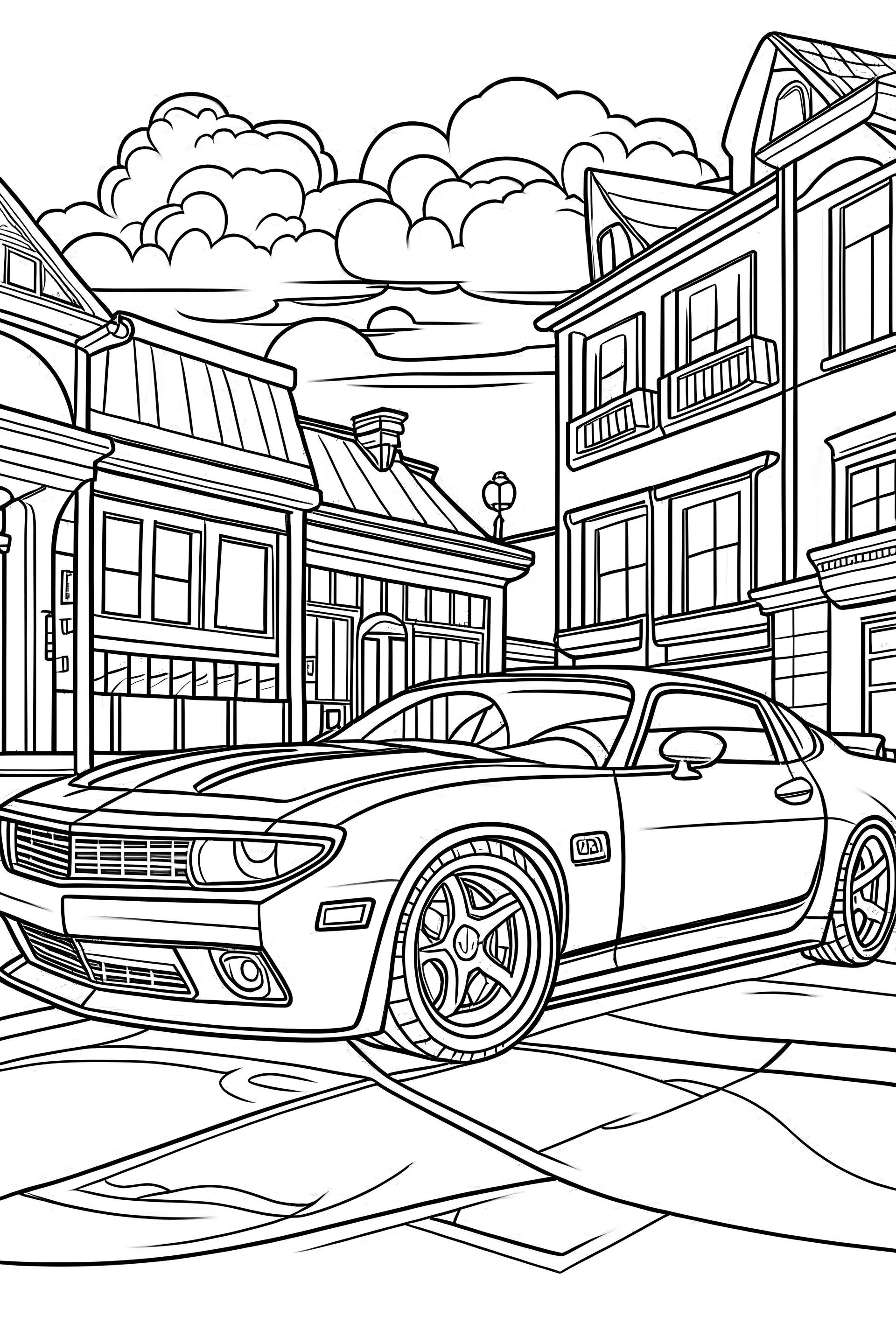 coloring page, car camaro alternative parked on the street, cartoon style, thick lines, few details, no shadows, no colors