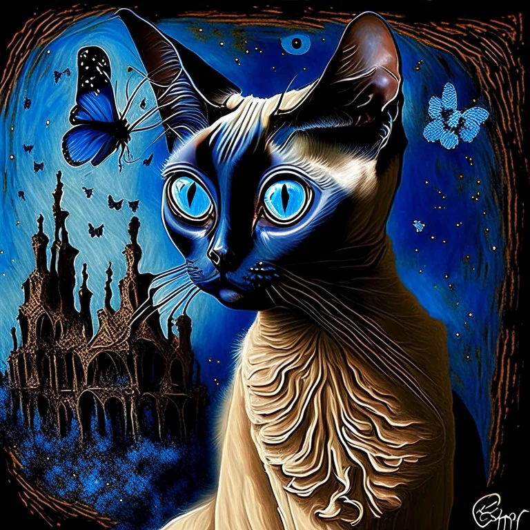 Starry night and Siamese cat, digital painting, fantasy, illustration, hyperdetailed, high definition, crisp quality, horror, dark, surreal, Weird, Tim Burton, creepy, Graphic novel, maximalist, Dr. Seuss, haunting, bizarre, frightening, Terry Gilliam, vintage, illustration