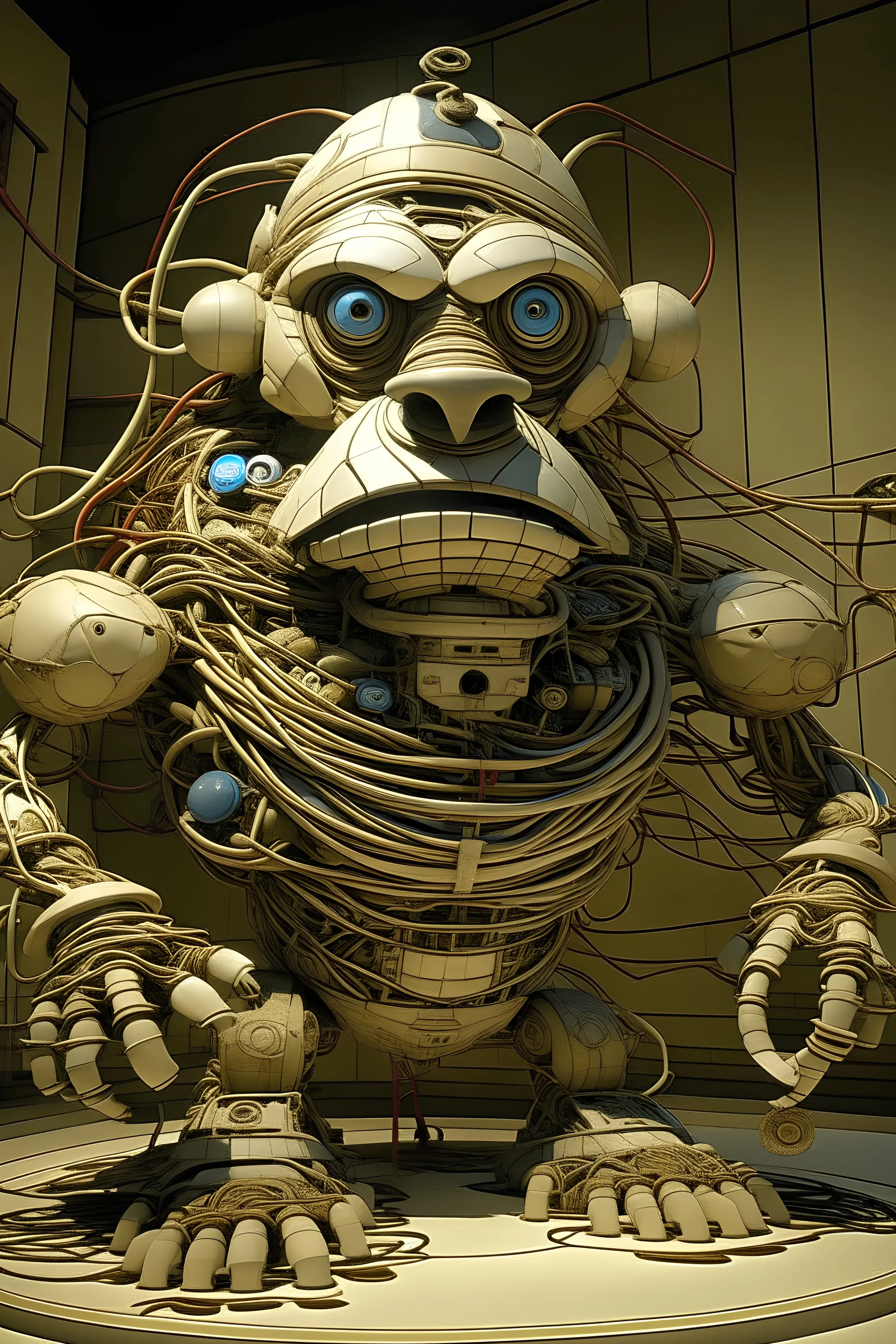 Description d'un golem : articulé vêtu de façon colorée. Ses membres segmentation et son torse ouverts laissent apparaître un enchevêtrement complexe de câbles, poulies et ressorts. Son visage est un simple masque de théâtre montant un grand sourire. Il a un air sympathique et aceuillant. Le Golem est debout, devant un colisée