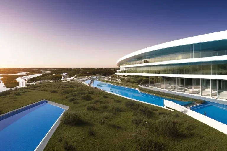 Sunset algarve in quinta do lago, one straight line building of 250 meters long modern luxury architecture with pool on rooftop, with green roofs and sun loungers next to pool, overlooking the campus sport facility and inserted in the Ria Formosa Natural park, on a slope with pinus pinea, a wrap around low speed veicular road