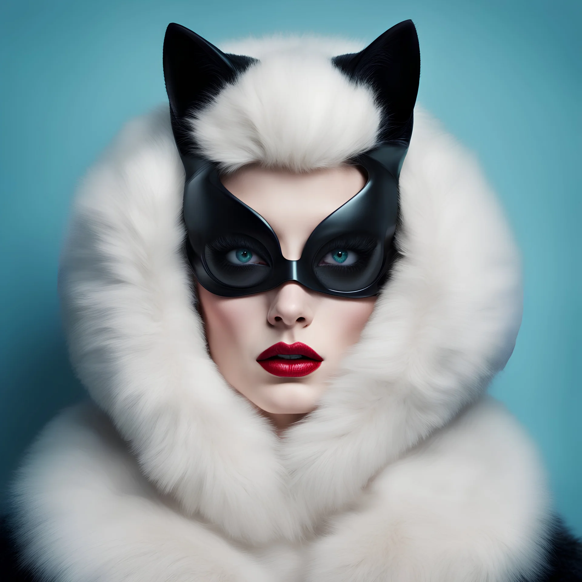 close up portrait Photography, of the old television, wearing a fur cat woman mask, 80 degree view, art by Sergio Lopez , Natalie Shau, James Jean and Salvador Dali