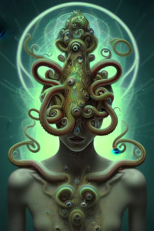 Spiritual being with Tentacles over human Head creating reality around, wrapping Tentacles around Human, Psychedelic