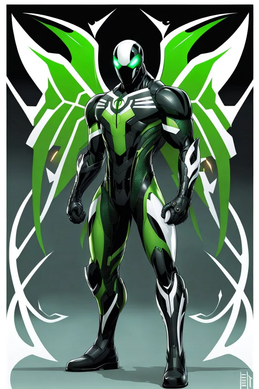 Cyborg symbiote, white color, green color, tendrils, high tech, cyberpunk, biopunk, membrane wings, carbon fiber, cyber tentacles, and the other two.