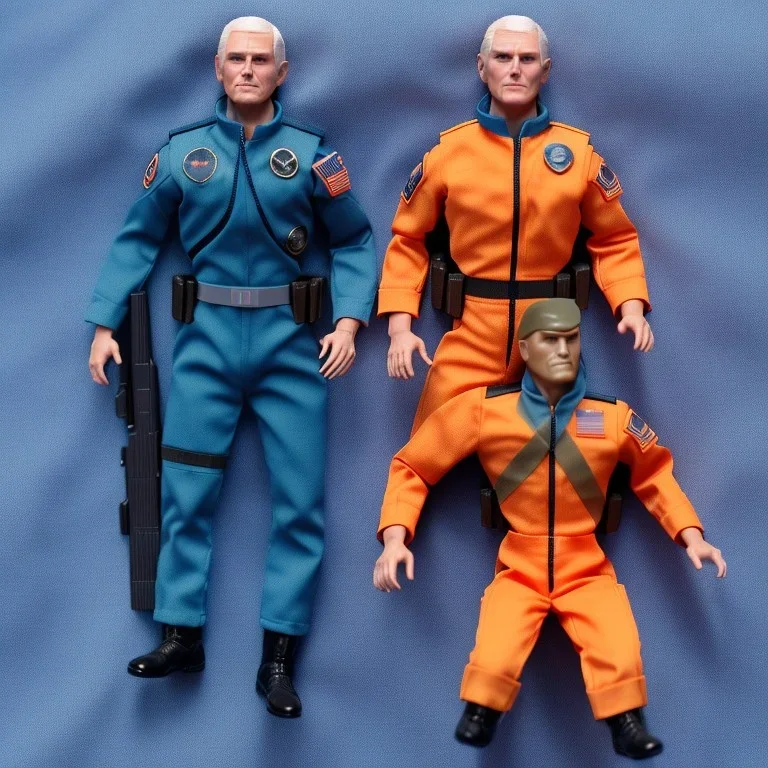 a large pile of face Mike Pence G.I. Joe toy Doll spaceforce uniform, orange blue fabric, pistol, wall packaging for sale, bright pricetag, finger, empty box