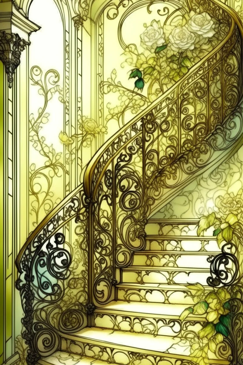 MAGIC, Staircase grotesque delicate filigree antiquity ivory watercolor openwork staircase cream roses, wild grapes, golden rococo filigree, botanical art, fairy-tale house magic balconies ink, sharp contrast, thin contour with white wire, anisotropic filtration, digital art,HDR,K.A.&art10.23, 5d, high detail, aesthetically pleasing, beautiful, realistic, high resolution