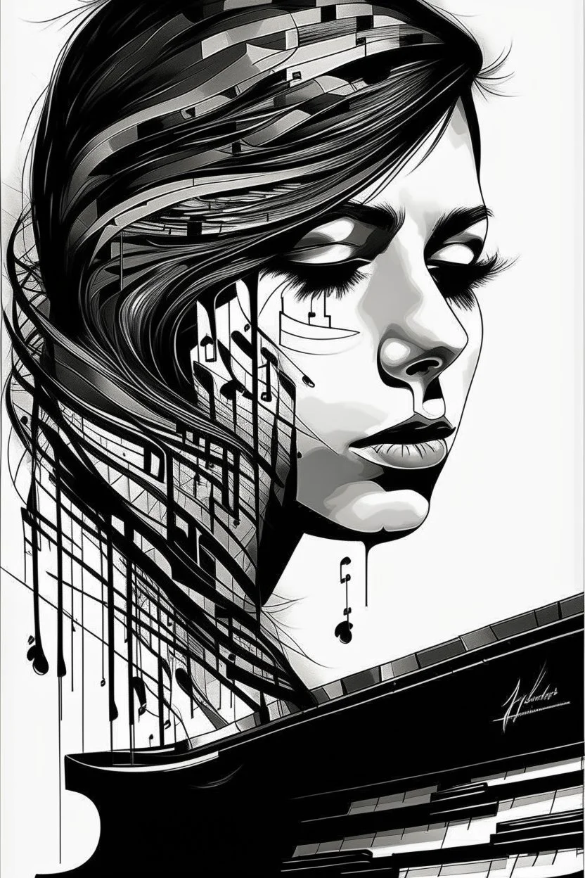 A realistic drawing in negative space black ink on white background of a musical notes and twisted piano keyboard with abstract brushstrokes face tattoos to enhance her face max enrist