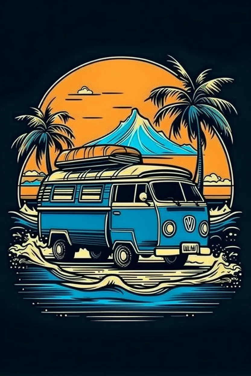 A ilustration of surf van, beach, middle ground design, t-shirt design, no black ground, vector, 4k