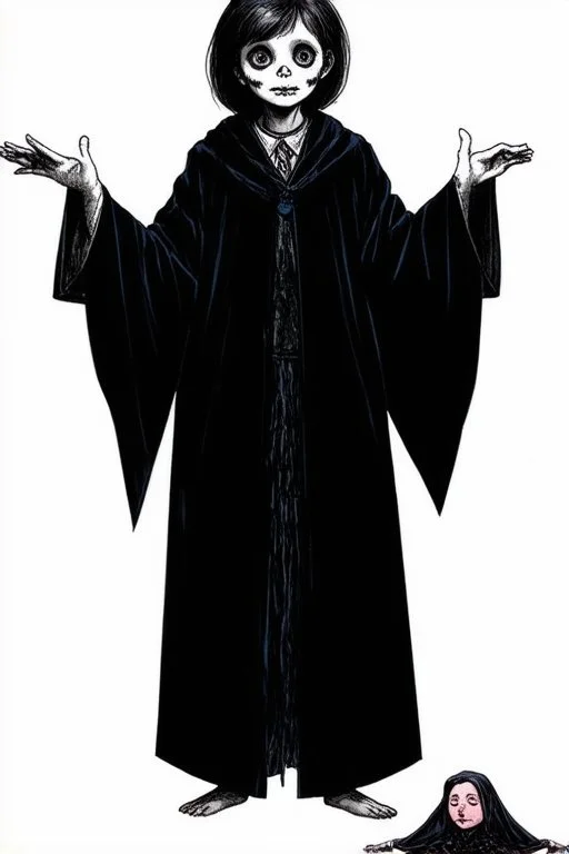 7 year old boy, necromancer, friendly, looks dead,wearing black robes, with the lower body of a genie, in the style of Harry Clarke