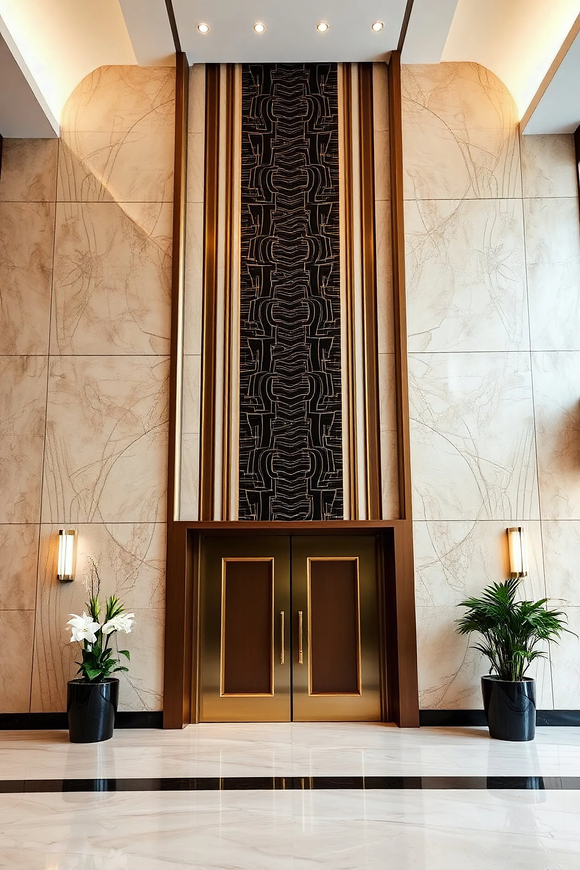 art deco style wall panels till double height for multiplex lobby with doors