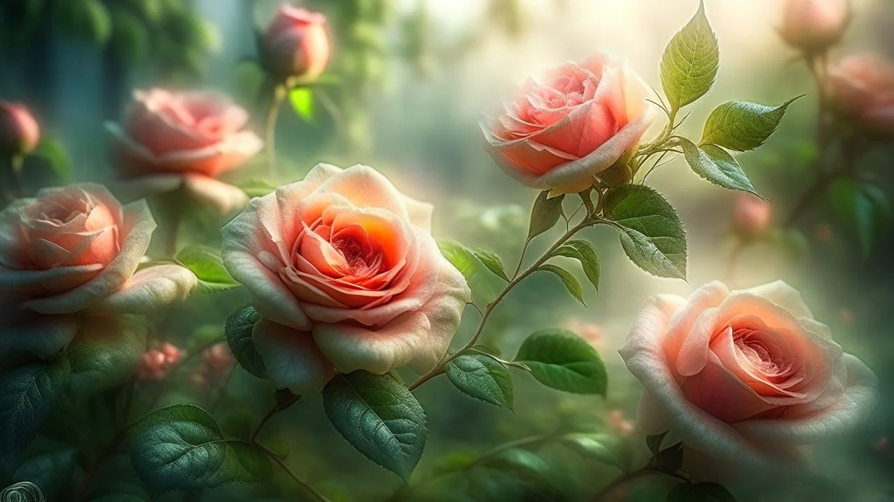 magic Watercolor, double Chinese rose bush, ultra-detailed, morning, rain, greenery, beautiful landscape, fog, many details, delicate sensuality, realistic, high quality, 3d, work of art, hyperdetalization, filigree, foggy haze background, hyperrealism, professional, transparent, delicate pastel tones, back lighting, contrast, fantastic, unreal, translucent, glowing, clear lines, epic fabulous, fabulous landscape, hyperrealism