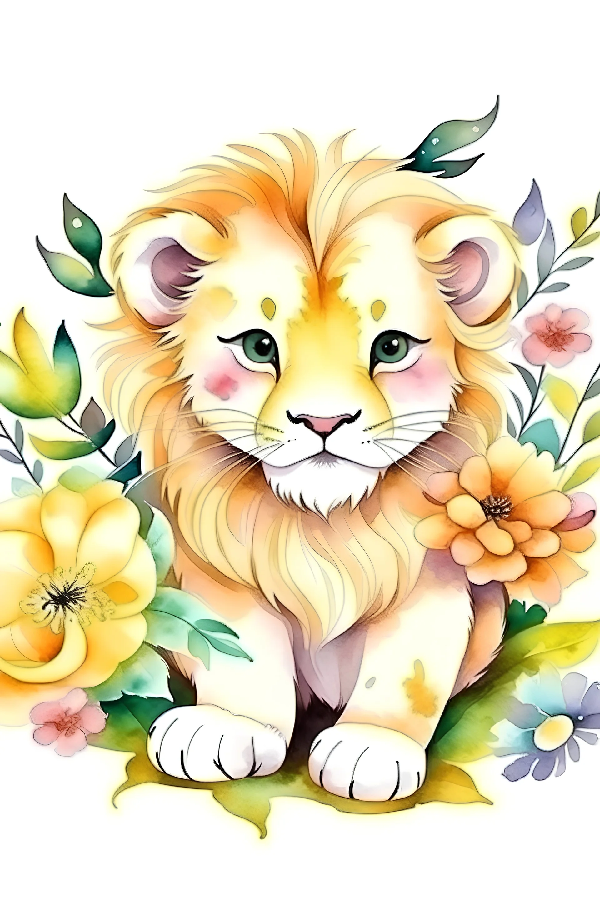 watercolor lion cub with flowers logo voluminous aesthetics lies in full growth cartoon