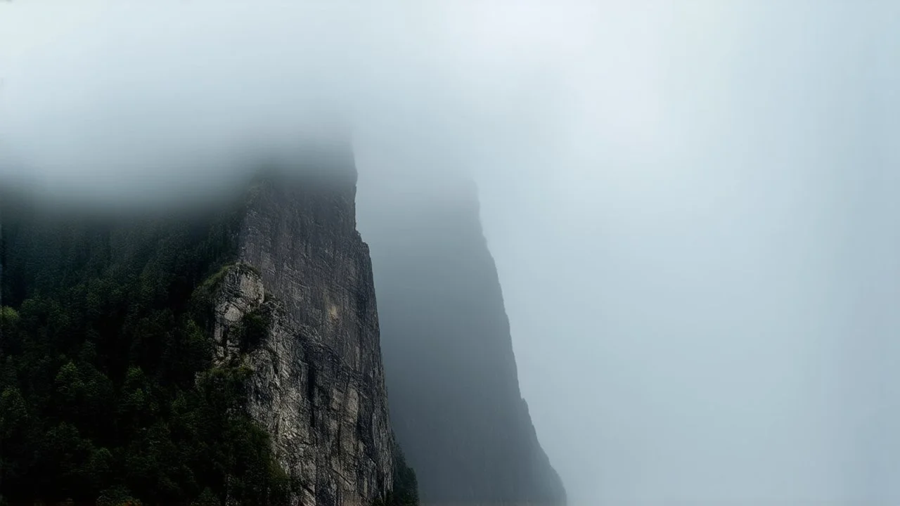 a scaling mountain cliff obscured by clouds and fog. the top 1/3 and bottom 1/3 of the image are fog, while the center is sheer cliff.