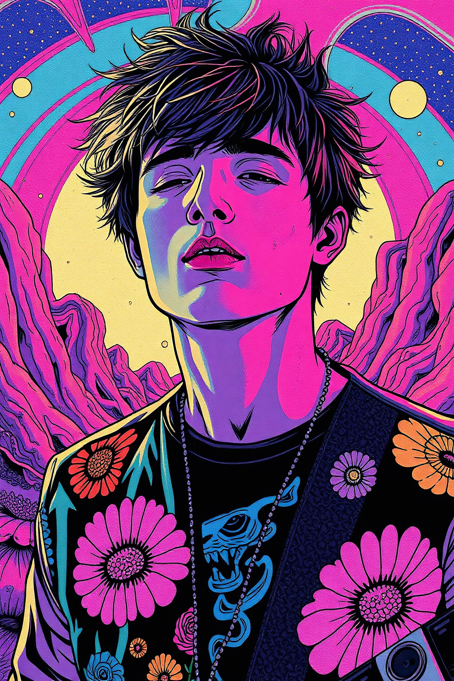 A vibrant illustration of a psychedelic , 𝙘𝙤𝙨𝙢𝙞𝙘 𝙝𝙤𝙧𝙧𝙤𝙧 and oasis solo singer, a with man with messy short bald hair , the image by Reiko ikemura and junji ito.