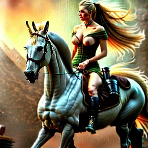 fullbody portrait of beautiful busty with big green eyes woman riding a horse by Frank Frazetta 8k