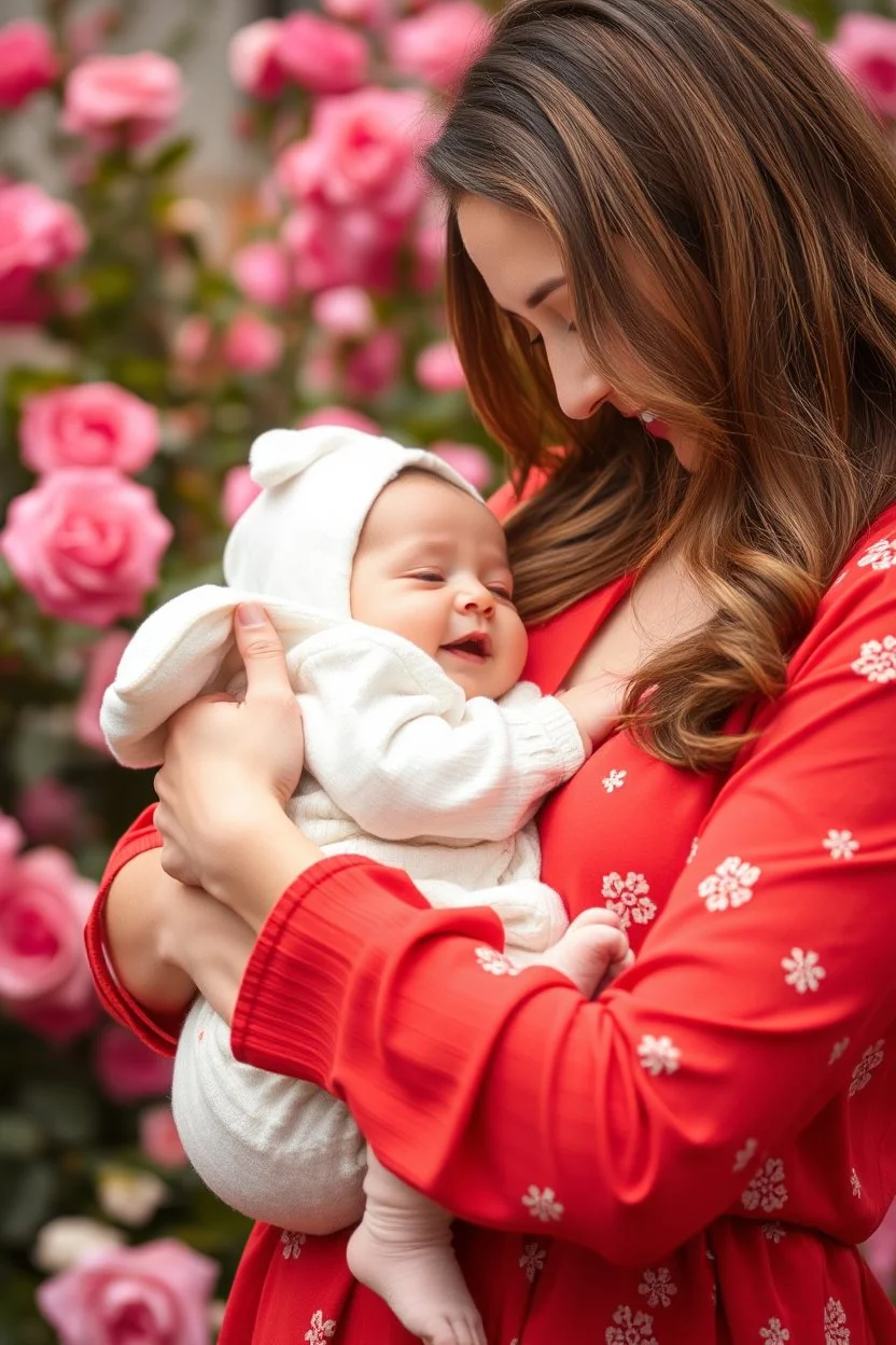 A mother holding a baby with love and compassion, great quality picture show flowers in the background in a romantic scene