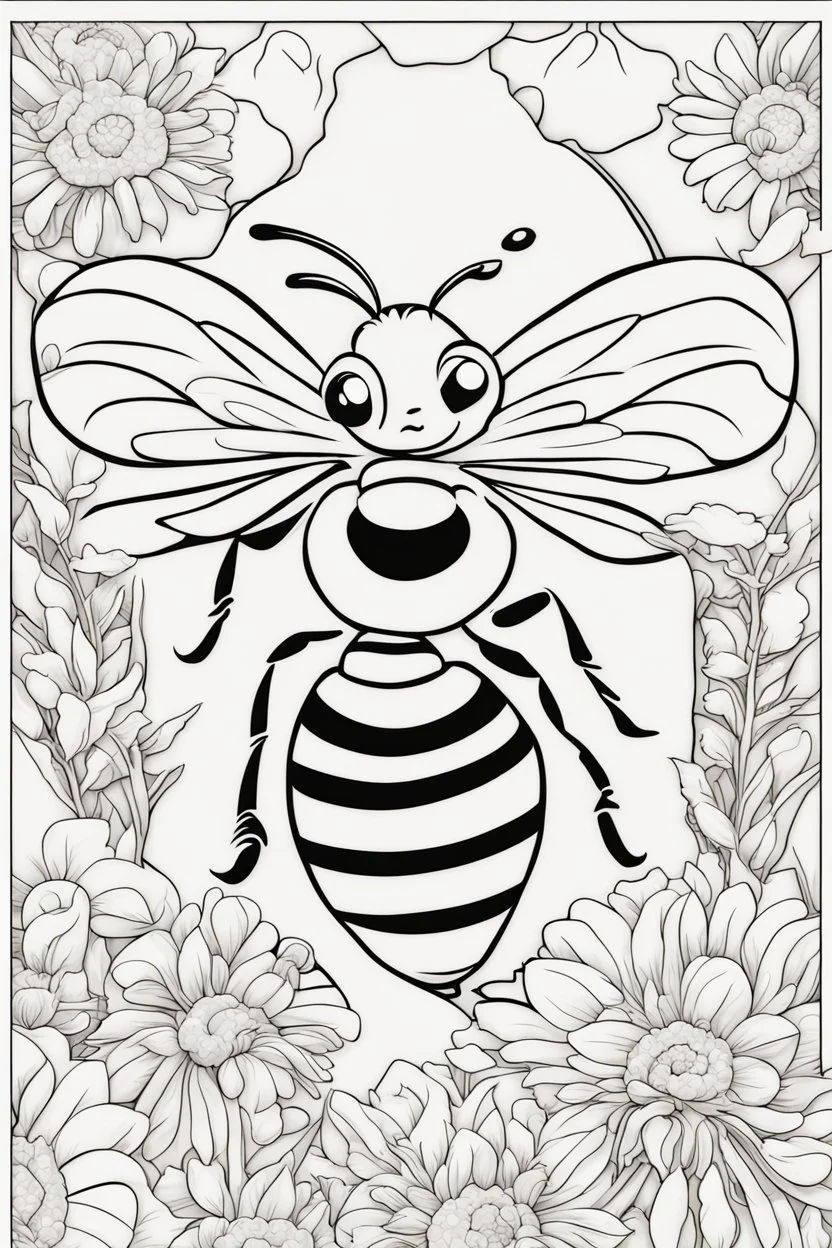 coloring page, bee in the flowers, cartoon style, thick lines, low detail, no shading