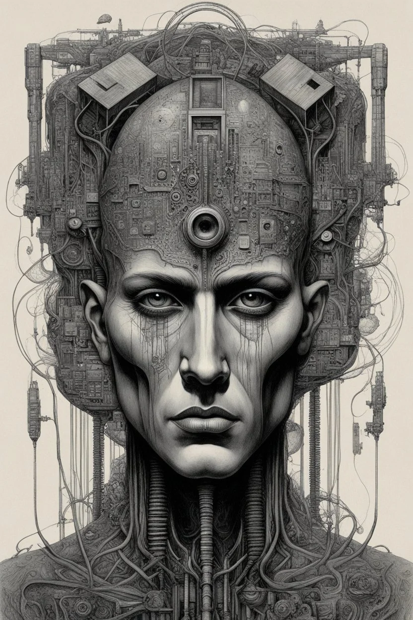 The face of a man with a Indian fathers on head with computer chips a thin line draw ، front view camera, decayed and rotting with grotesque proportions and imagery. surreal horror, biomechanical design, by hr giger and beksinski , fine lines draw