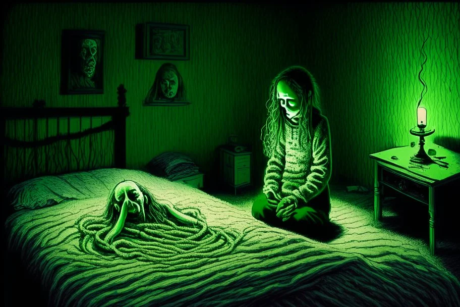 a knitted girl sitting on a bed and vomiting green lines, an exorcist priest standing next to her bed in a room in candlelight at night