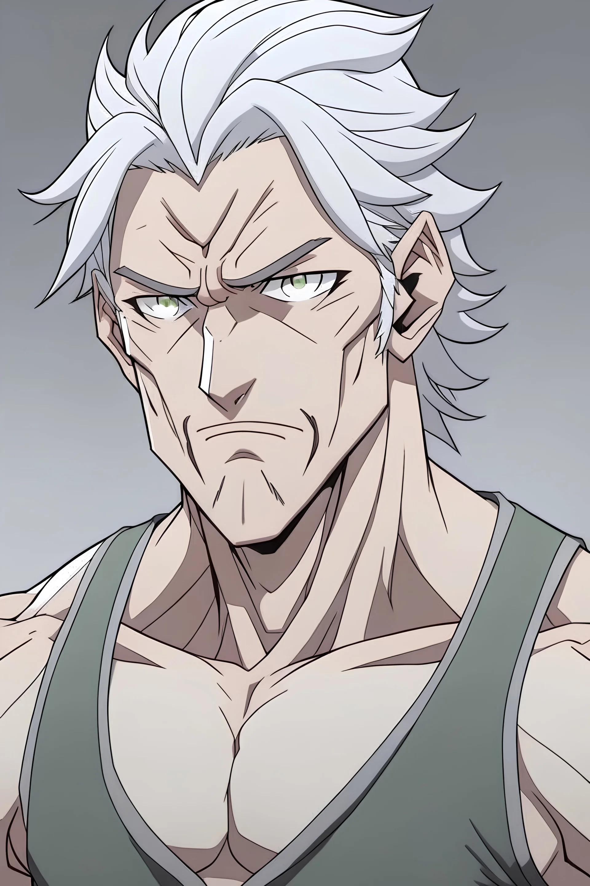 Anime Man main character with gray hair,, too much muscles,aged 38