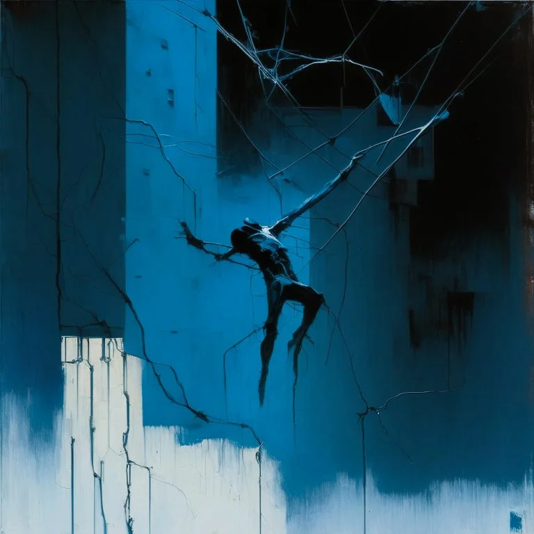 Minimal abstract oil painting of a falling person limbs sinew. Amongst concrete fragments brutalist architecture and hanging wires illuminated at night. Blue In the style of Justin Mortimer and Phil Hale and Ashley Wood