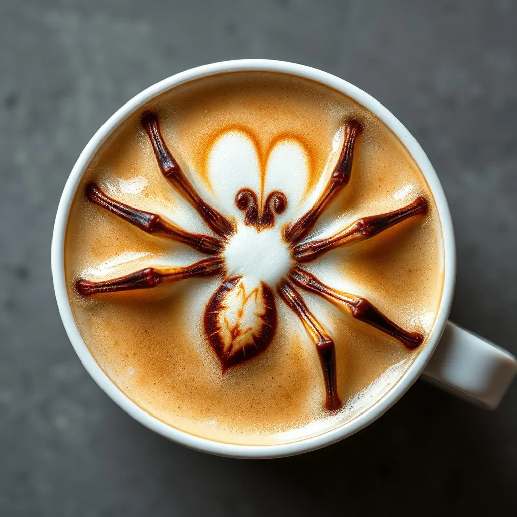 close up top-down view of a latte with a shape of a Gigeresque spider formed in the milky foam, professional photography, looks like an advertising campaign photo, delicious