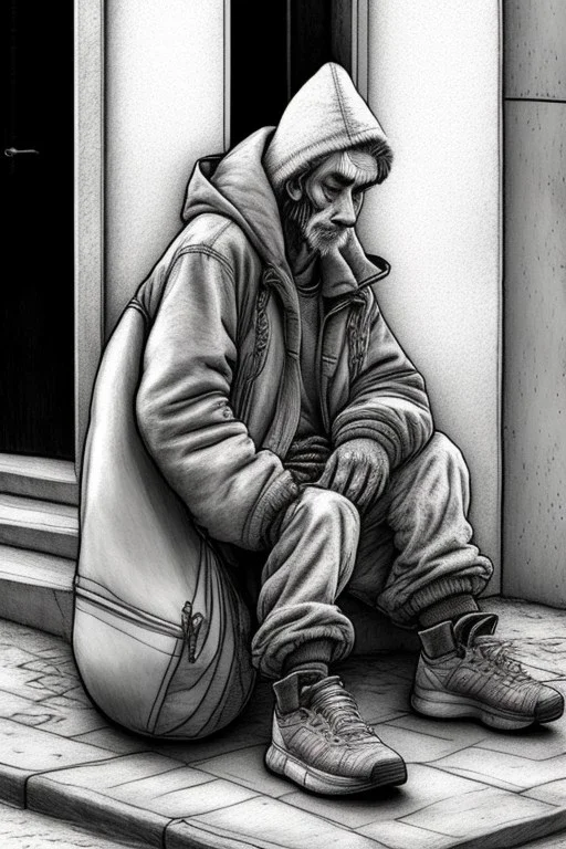 One single mature homeless cockatoo with worn out clothes, sleeping in a corner on the street, Vienna, mourning, model style, hyper realistic, extremely accurate, delicate, extremely detailed, Graphic novel style, wide-angle, open aperture, superfine pencil