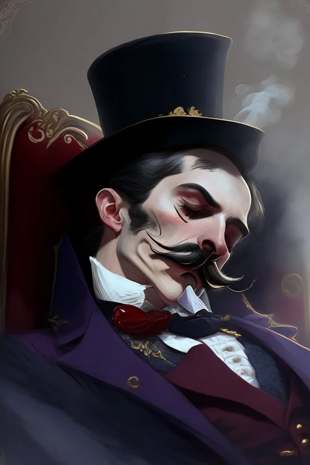 Strahd von Zarovich with a handlebar mustache wearing a top hat and taking a nap and blowing a kiss
