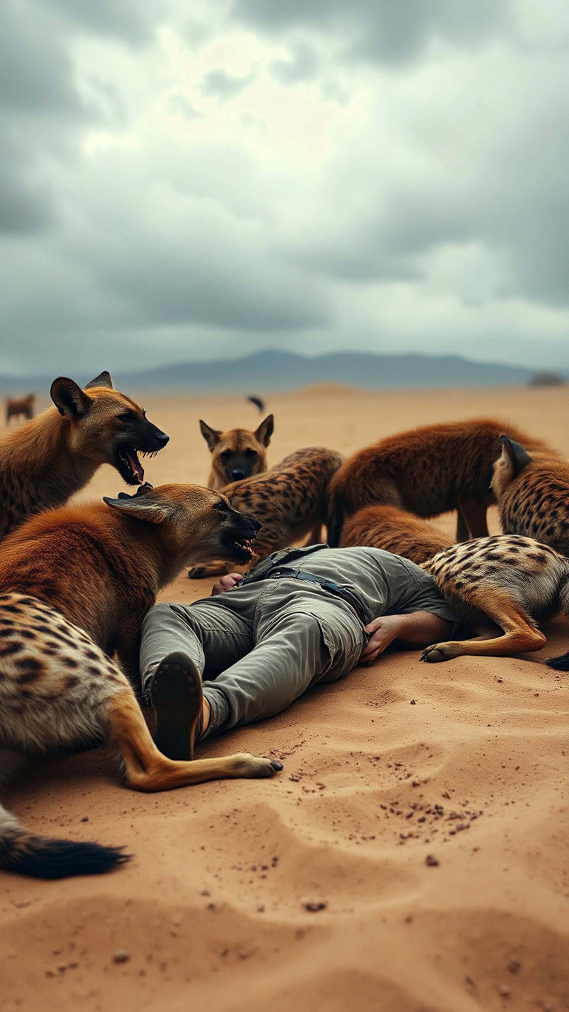 A man laying down on the floor in the desert sands surrounded by hyenas tattacked him and he is laying on the ground to defend himself one of the hyenas is eatinghim from the back and he felts on the ground , stormy weather and cloudy gray depressive rnverment