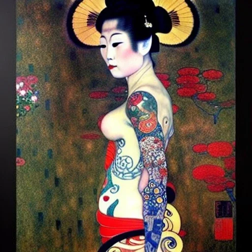 dibujo al oleo de cuerpo entero de una Geisha bella con tatuajes maorís estilo Gustav Klimt