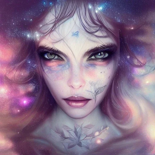 Autoportrait with galaxy beautiful girl ultra-realistic, tattoos, highly detailed, masterpiece, delicate detailed, sharp focus, insanely detailed, fantasy art, intricate detailed, elegant, fog, Special Lighting, Vibrant, color Scheme, forest, unreal engine 5, trending on artstation