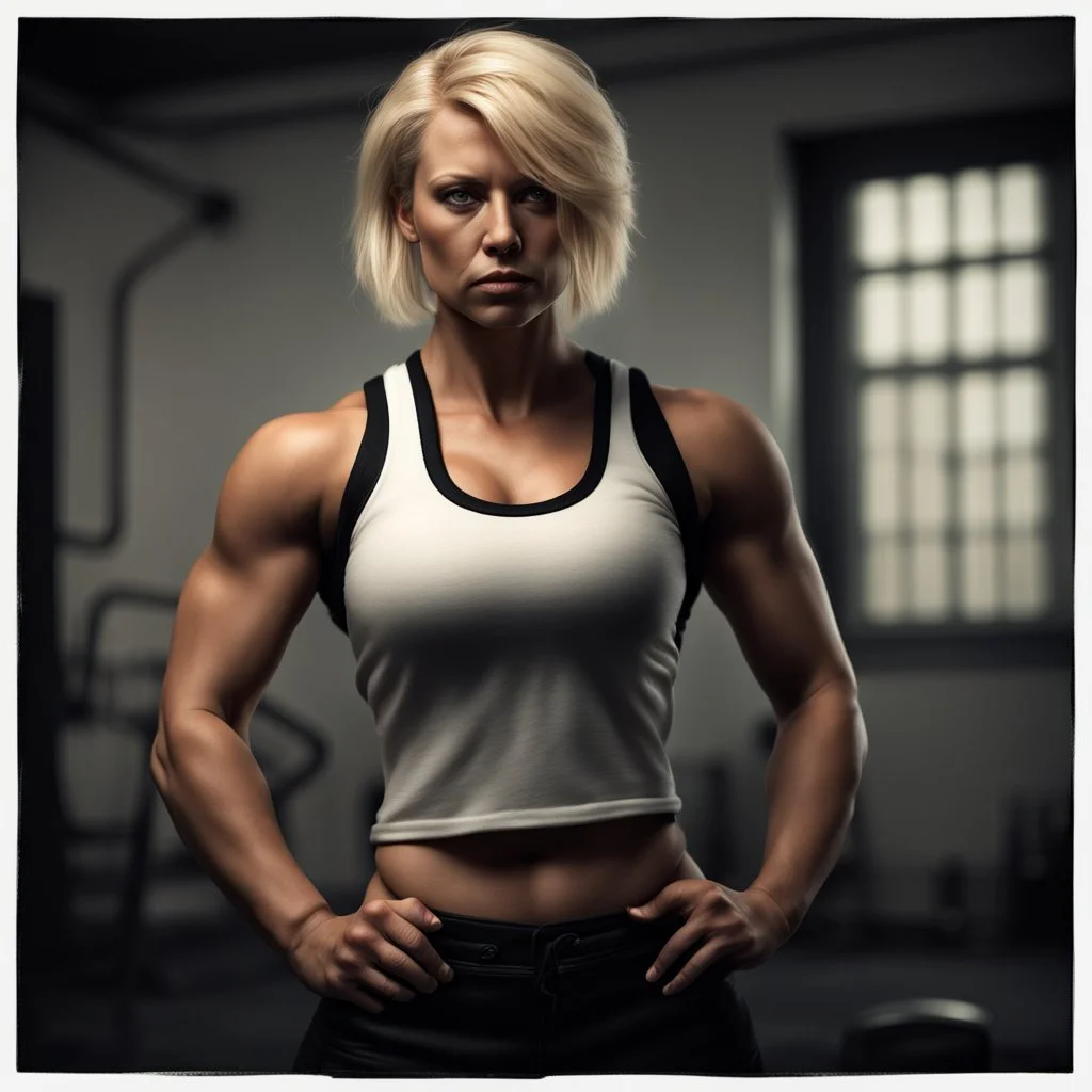 ultra realistic photograph of a very muscular woman with short blonde hair wearing a black teeshirt