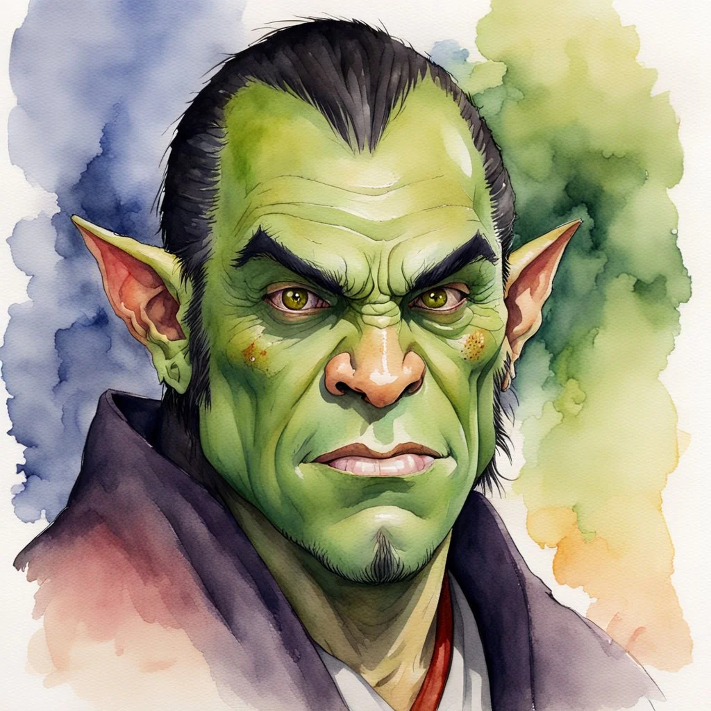 dnd, watercolour, illustration, portrait, half-orc, abbot